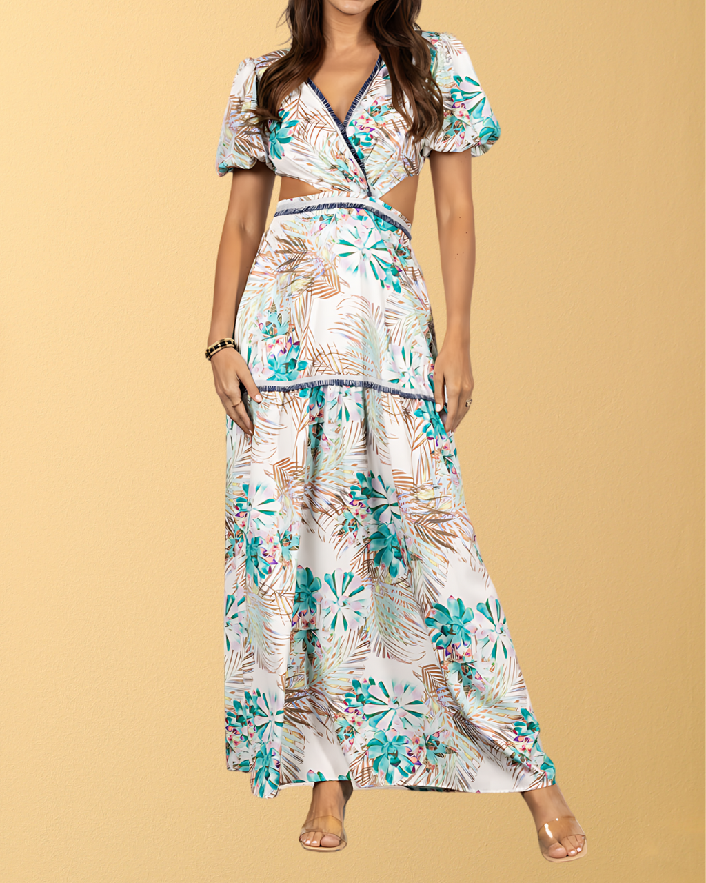 Lana Side Cutout Puff Sleeve Maxi Dress