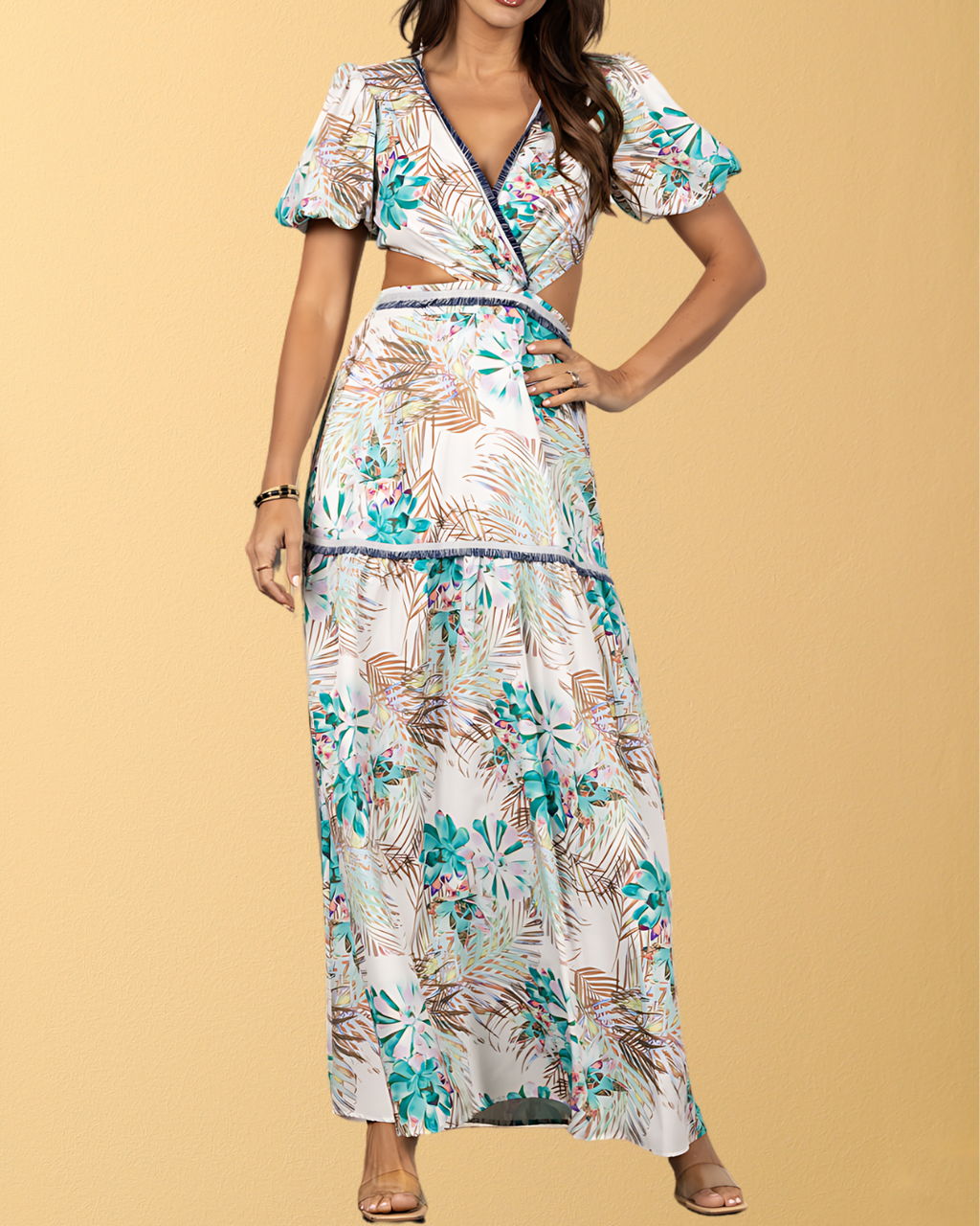 Lana Side Cutout Puff Sleeve Maxi Dress