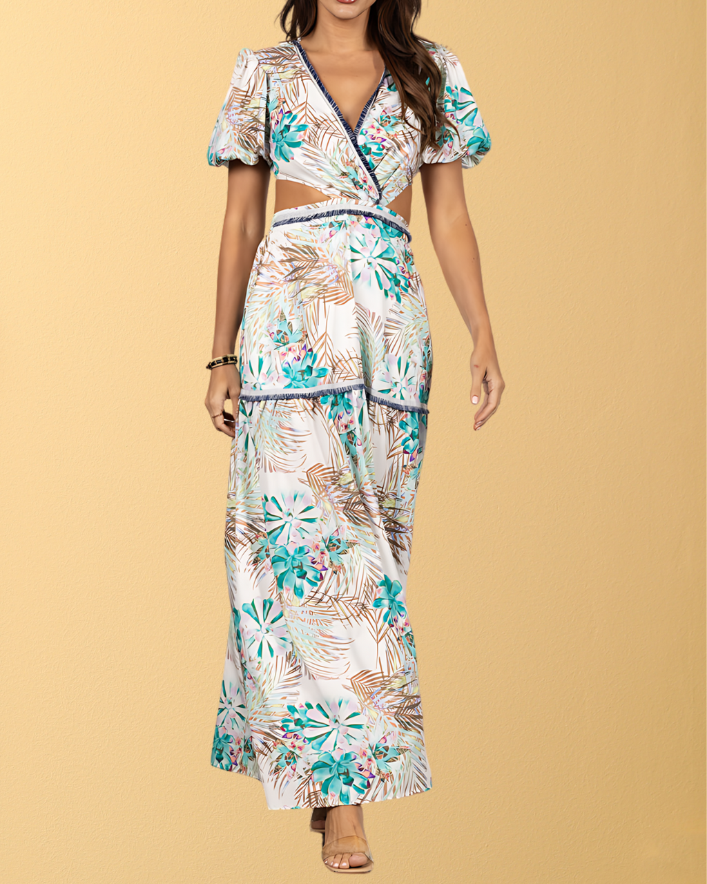 Lana Side Cutout Puff Sleeve Maxi Dress