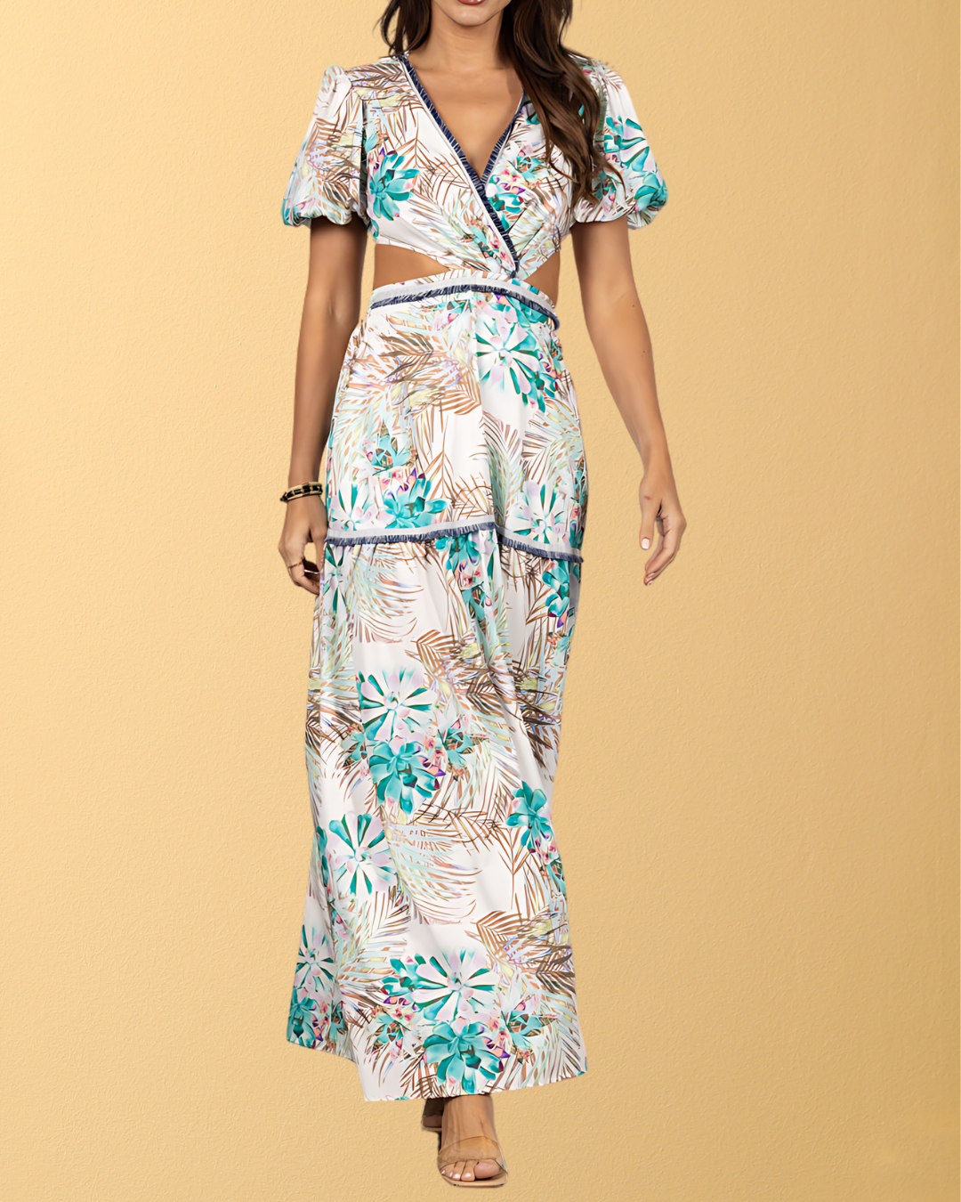 Lana Side Cutout Puff Sleeve Maxi Dress