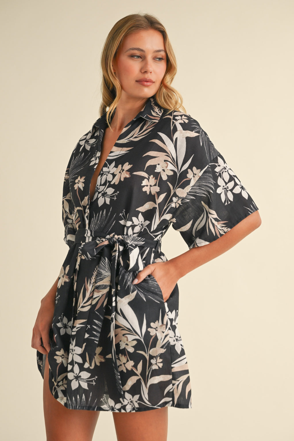 Luli Collared Kimono Sleeve Wrap Mini Dress