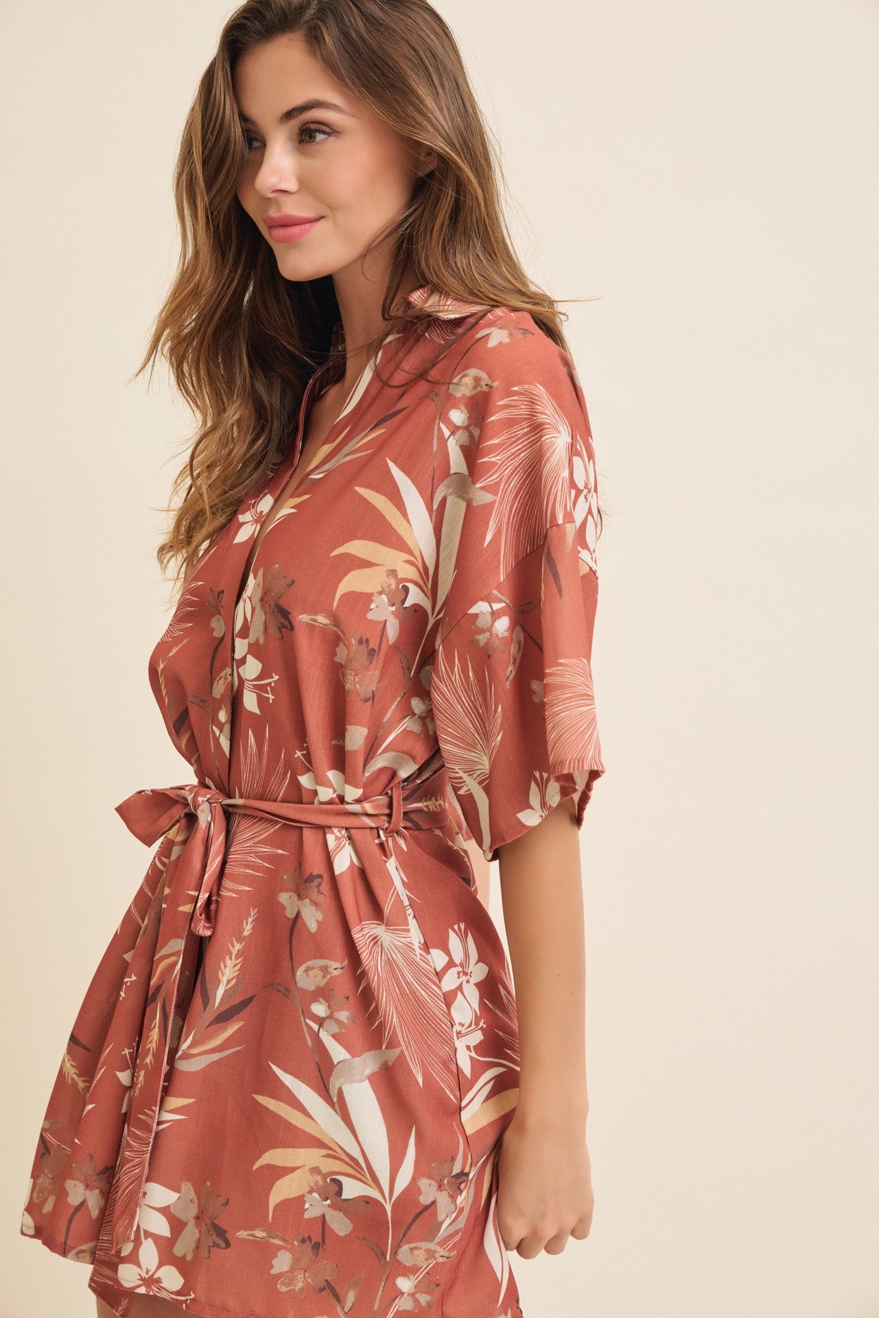 Luli Collared Kimono Sleeve Wrap Mini Dress