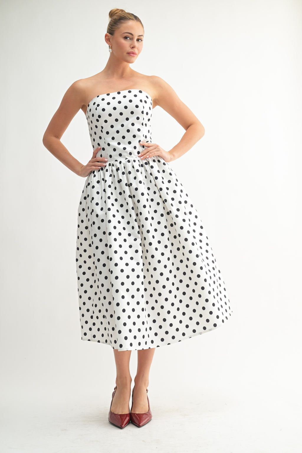 Mariel Polka Dot Strapless A-Line Flared Dress