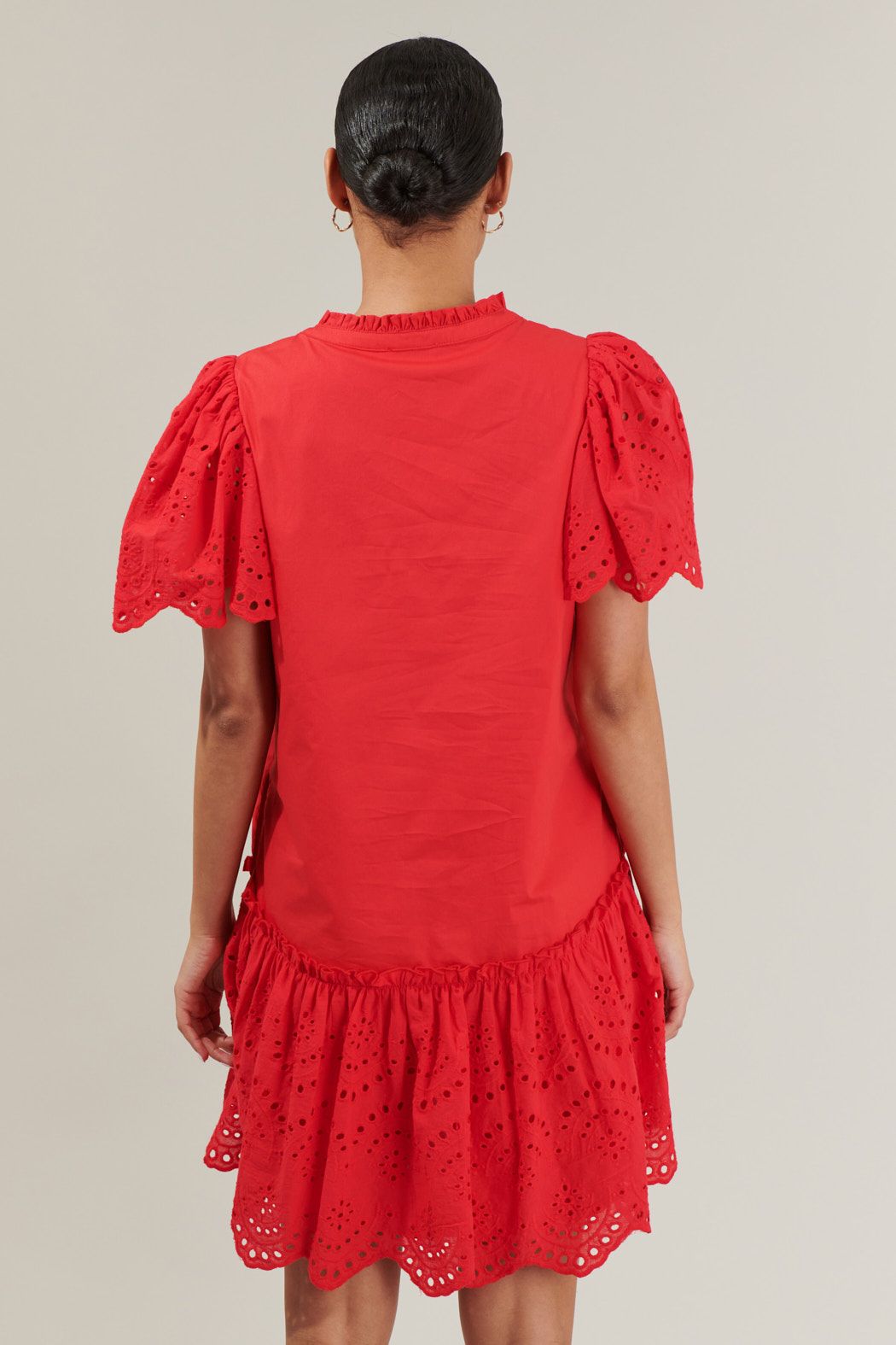 red eyelet mini dress Urban Outfitters Uo Marlee Eyelet Puff Sleeve Mini Dress In Red