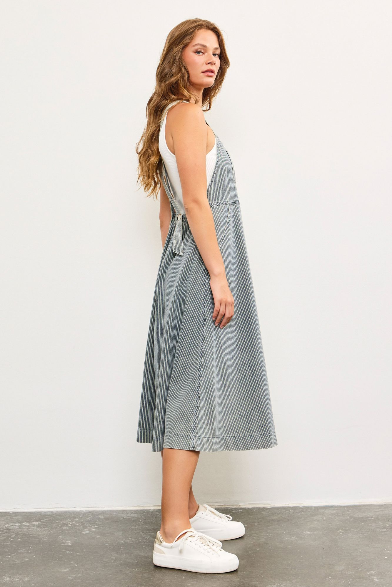 Moxie Striped Denim Suspenders Dress