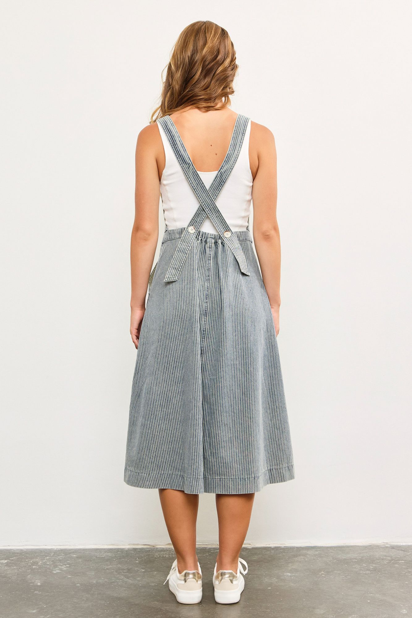 Moxie Striped Denim Suspenders Dress