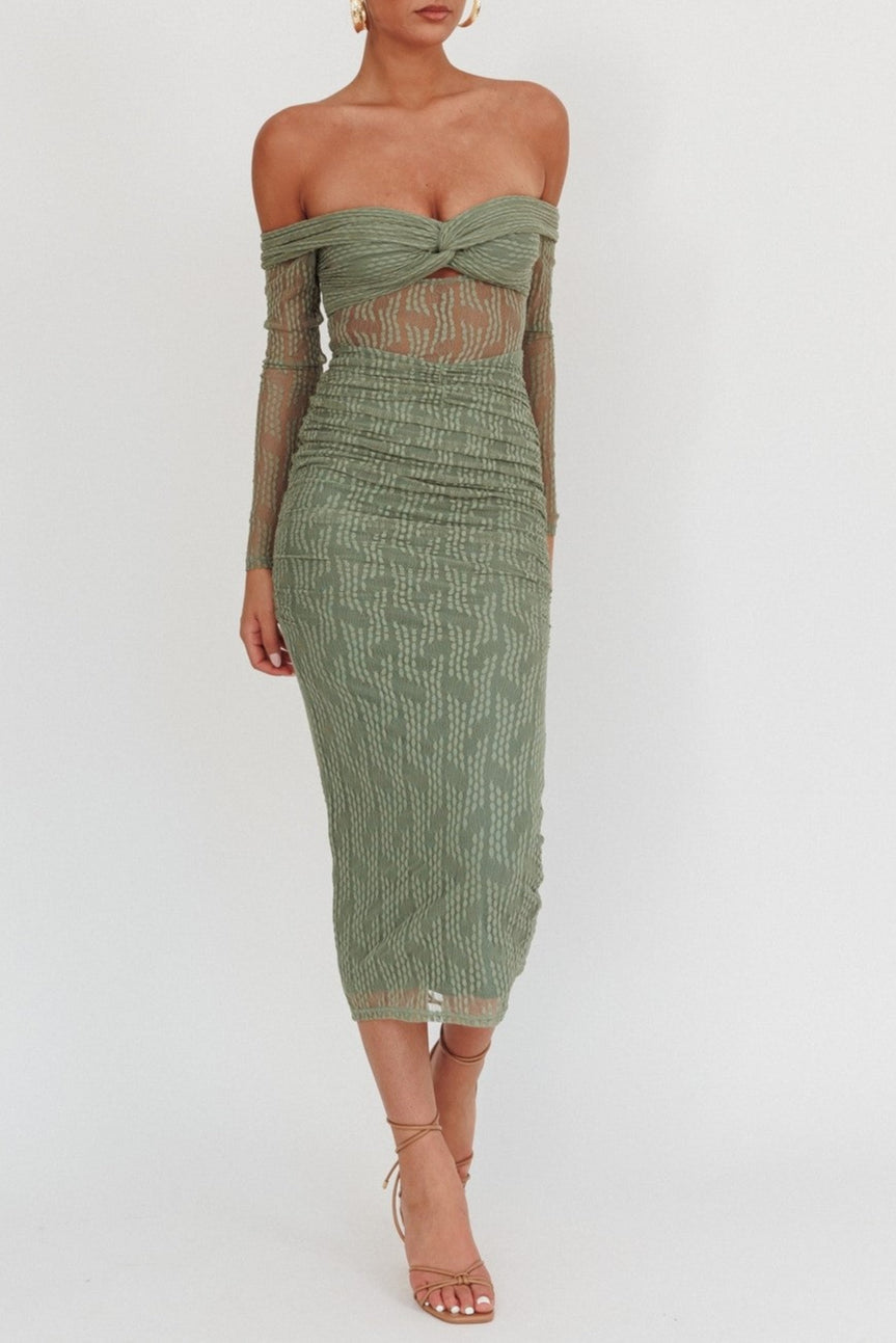 Noyah Long Sleeve Embroidered Mesh Midi Dress