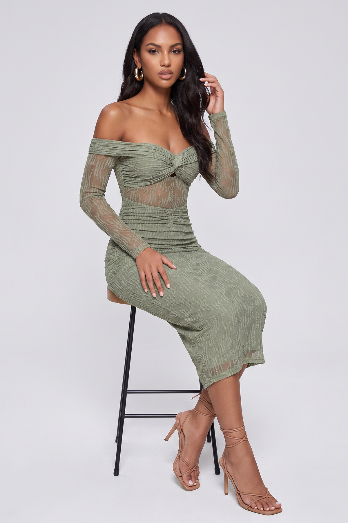 Noyah Long Sleeve Embroidered Mesh Midi Dress