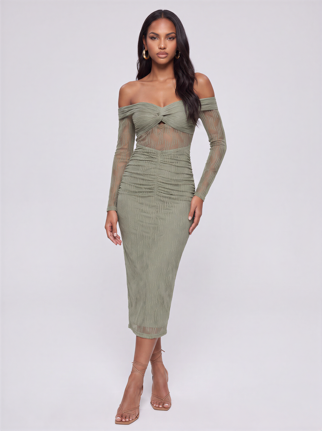 Noyah Long Sleeve Embroidered Mesh Midi Dress