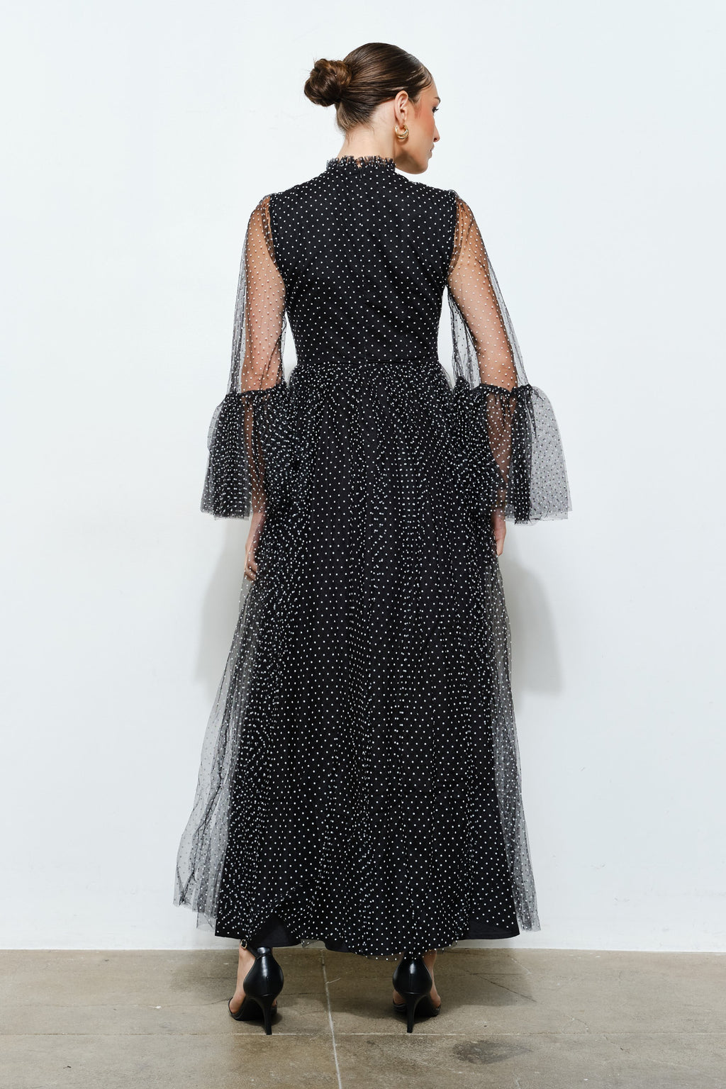 Paraisa Polka Dot Mesh Layered Sleeve Maxi Dress