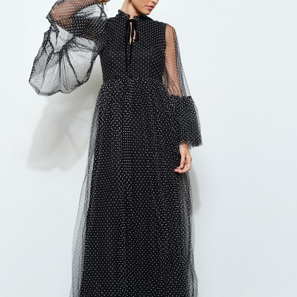 
                      
                        Paraisa Polka Dot Mesh Layered Sleeve Maxi Dress
                      
                    