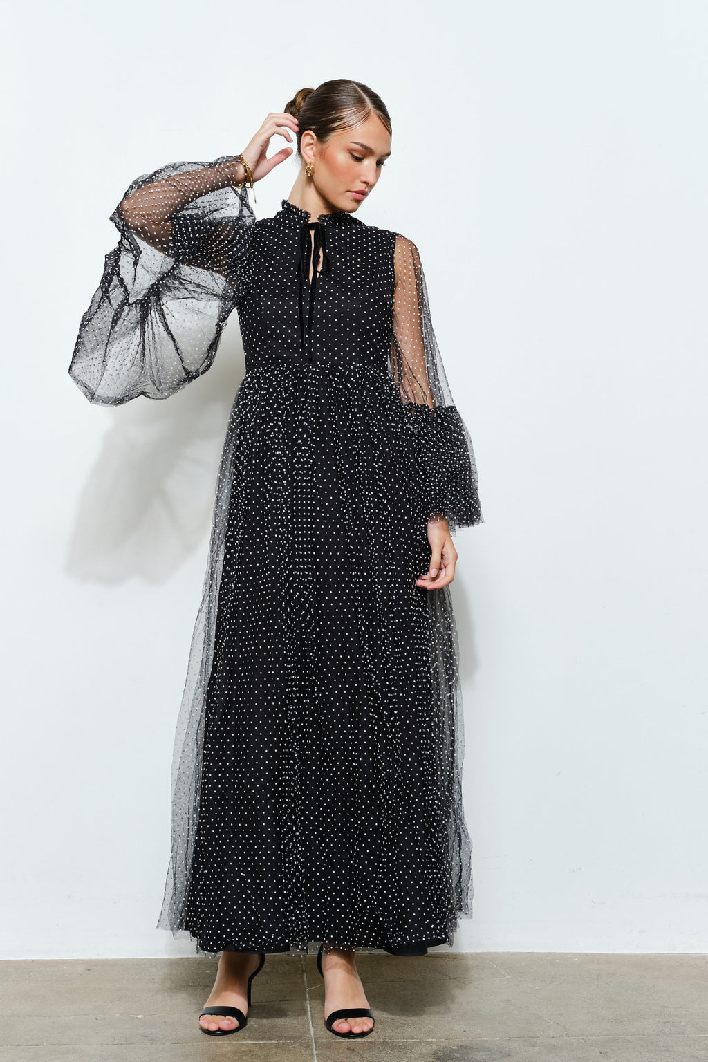 Paraisa Polka Dot Mesh Layered Sleeve Maxi Dress
