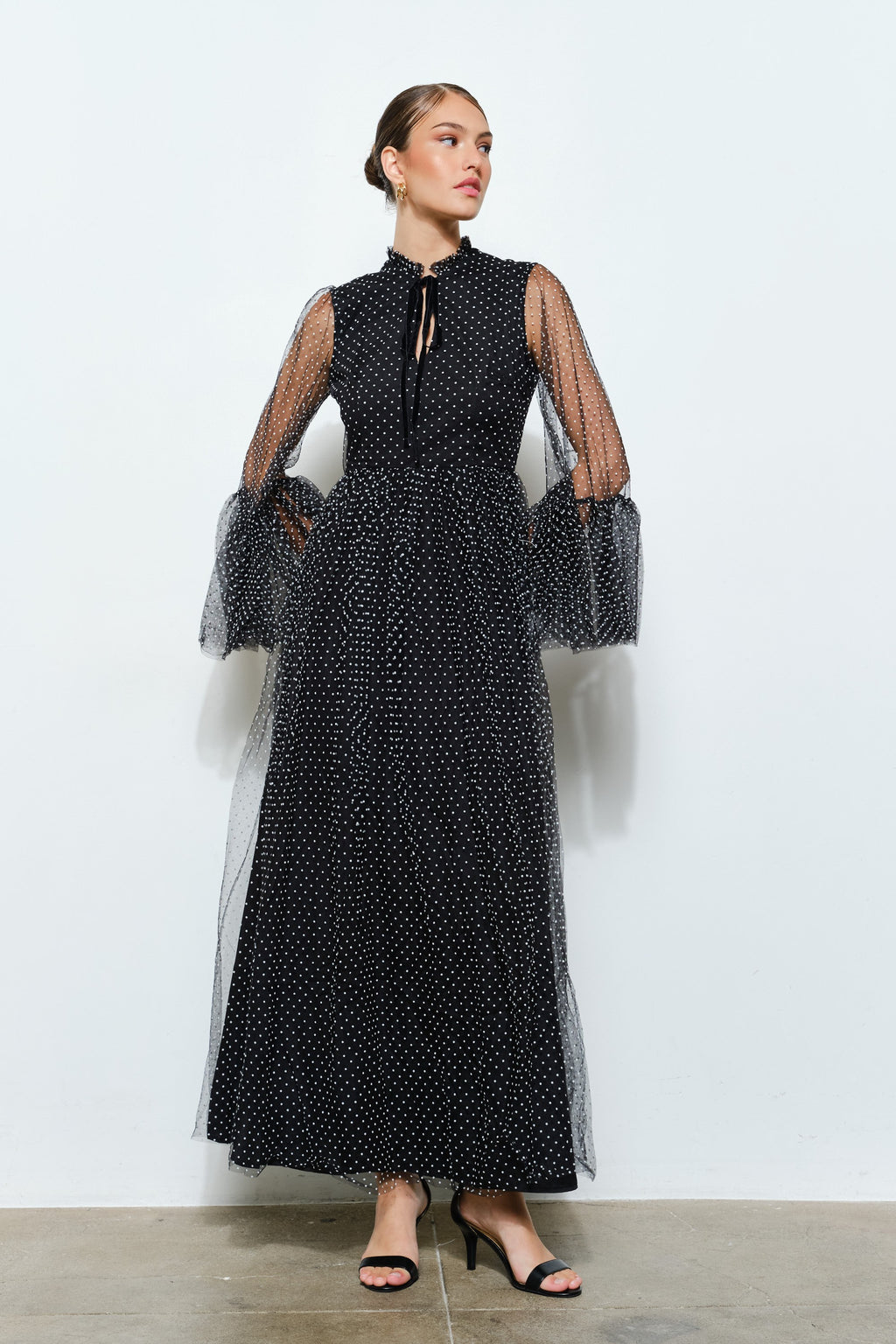 Paraisa Polka Dot Mesh Layered Sleeve Maxi Dress