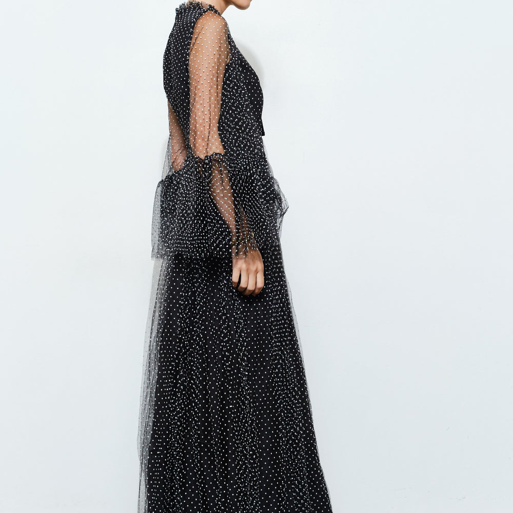 
                      
                        Paraisa Polka Dot Mesh Layered Sleeve Maxi Dress
                      
                    