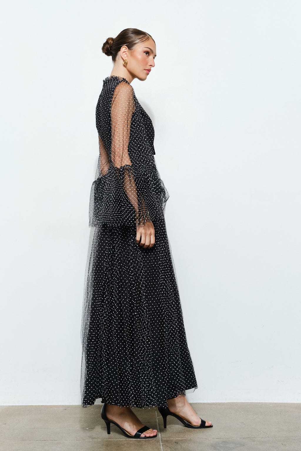 Paraisa Polka Dot Mesh Layered Sleeve Maxi Dress