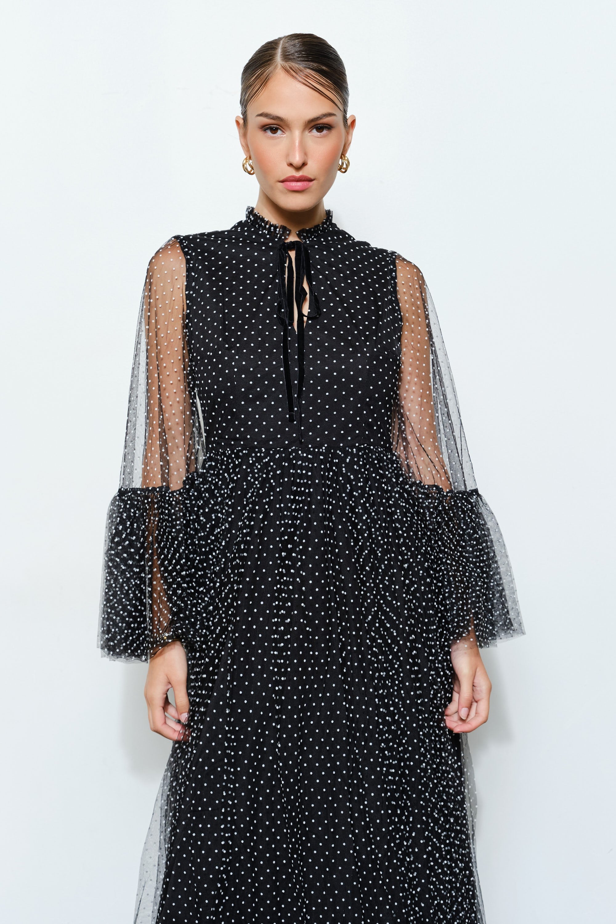 Paraisa Polka Dot Mesh Layered Sleeve Maxi Dress
