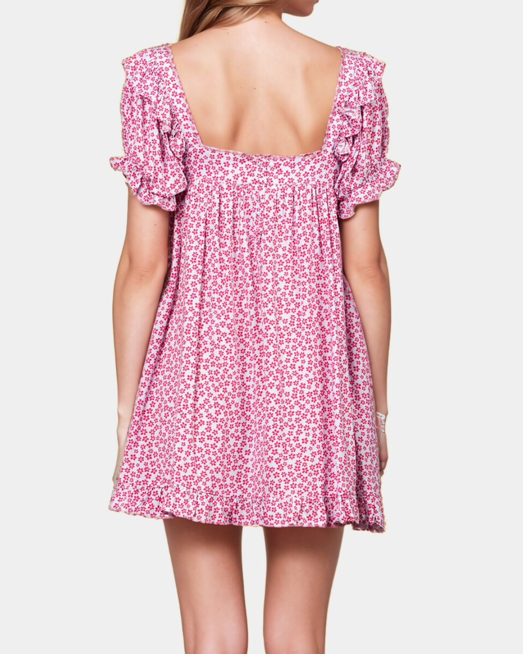 Pink Ditsy Floral Ruffle Sleeve Mini Dress