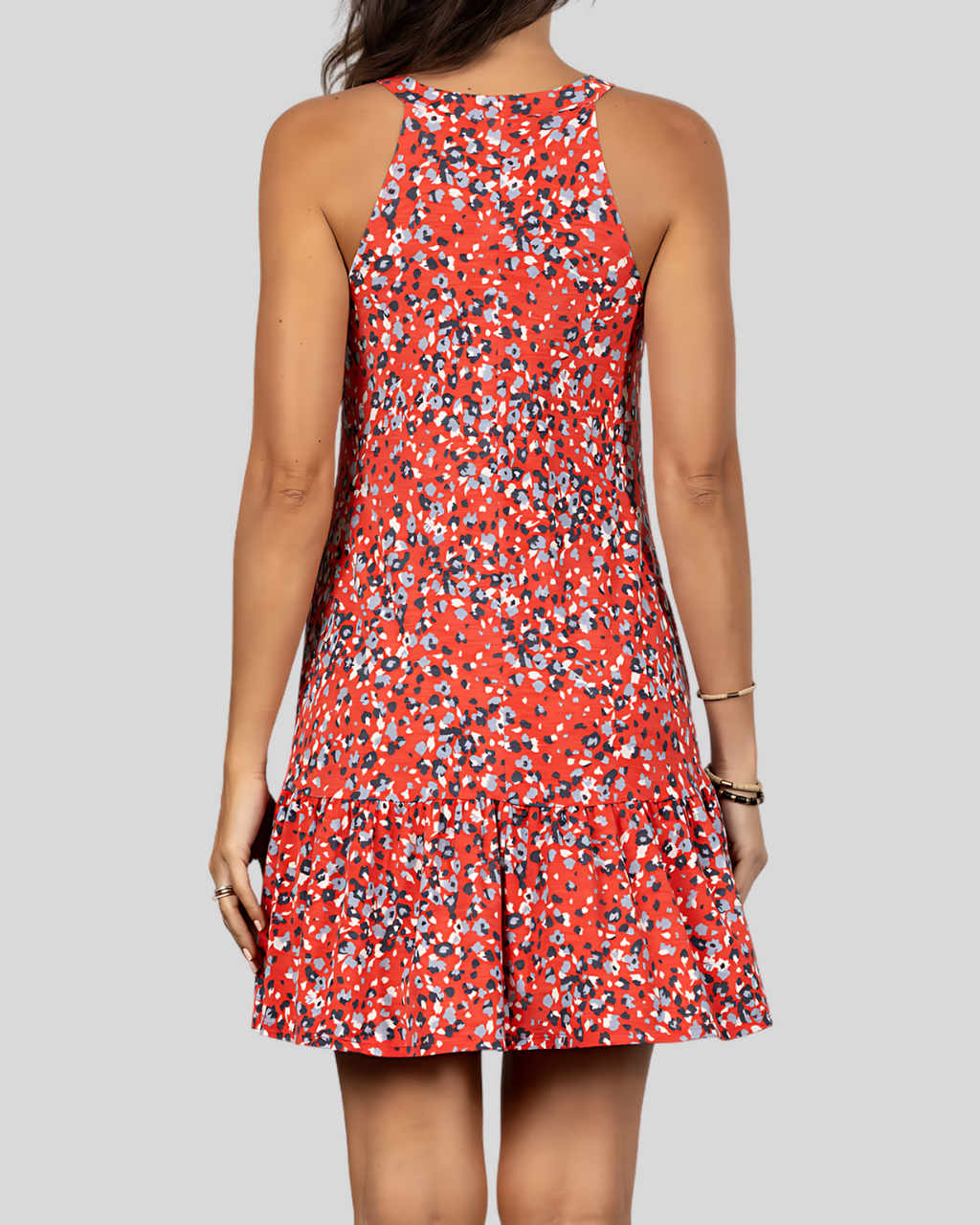 Red Floral Halter Neck Ruffled Hem Mini Dress