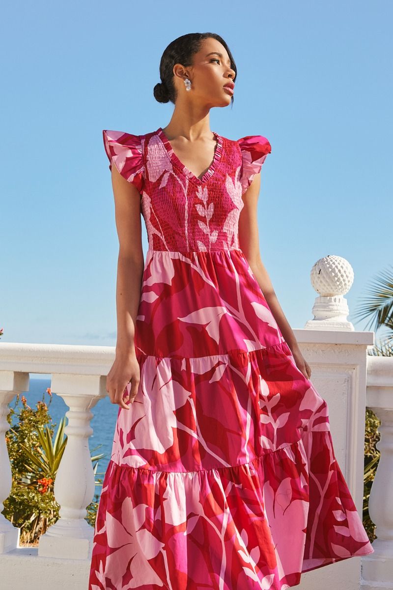 Senna Floral Smocked Bodice Tiered Midi Dress