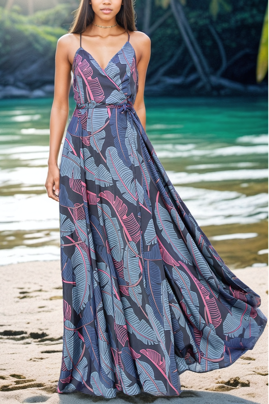 Serenity Leaf Print Maxi Wrap Dress