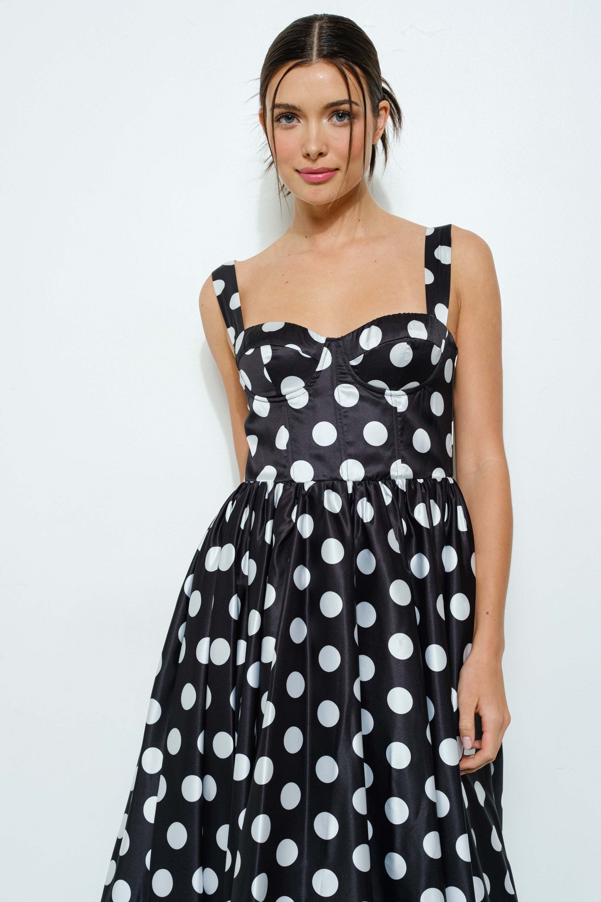 Sonya Sweetheart Polka Dot Bustier Midi Dress