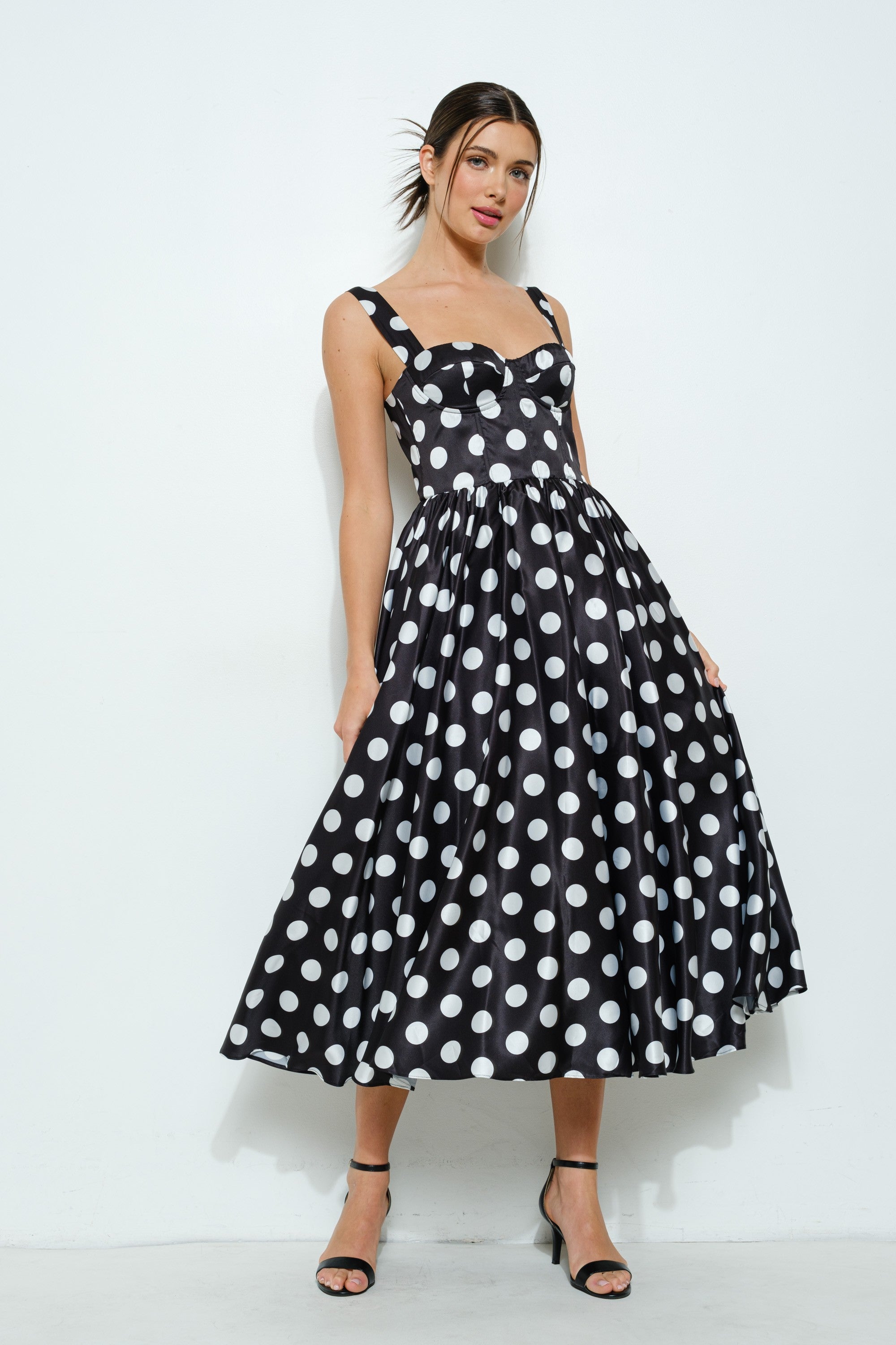 Sonya Sweetheart Polka Dot Bustier Midi Dress