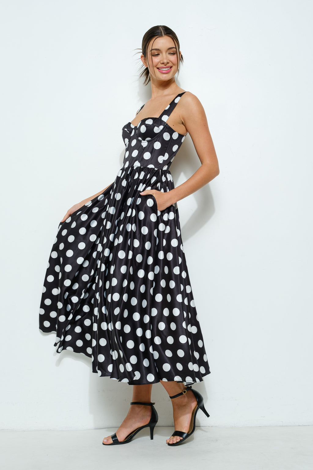 Sonya Sweetheart Polka Dot Bustier Midi Dress