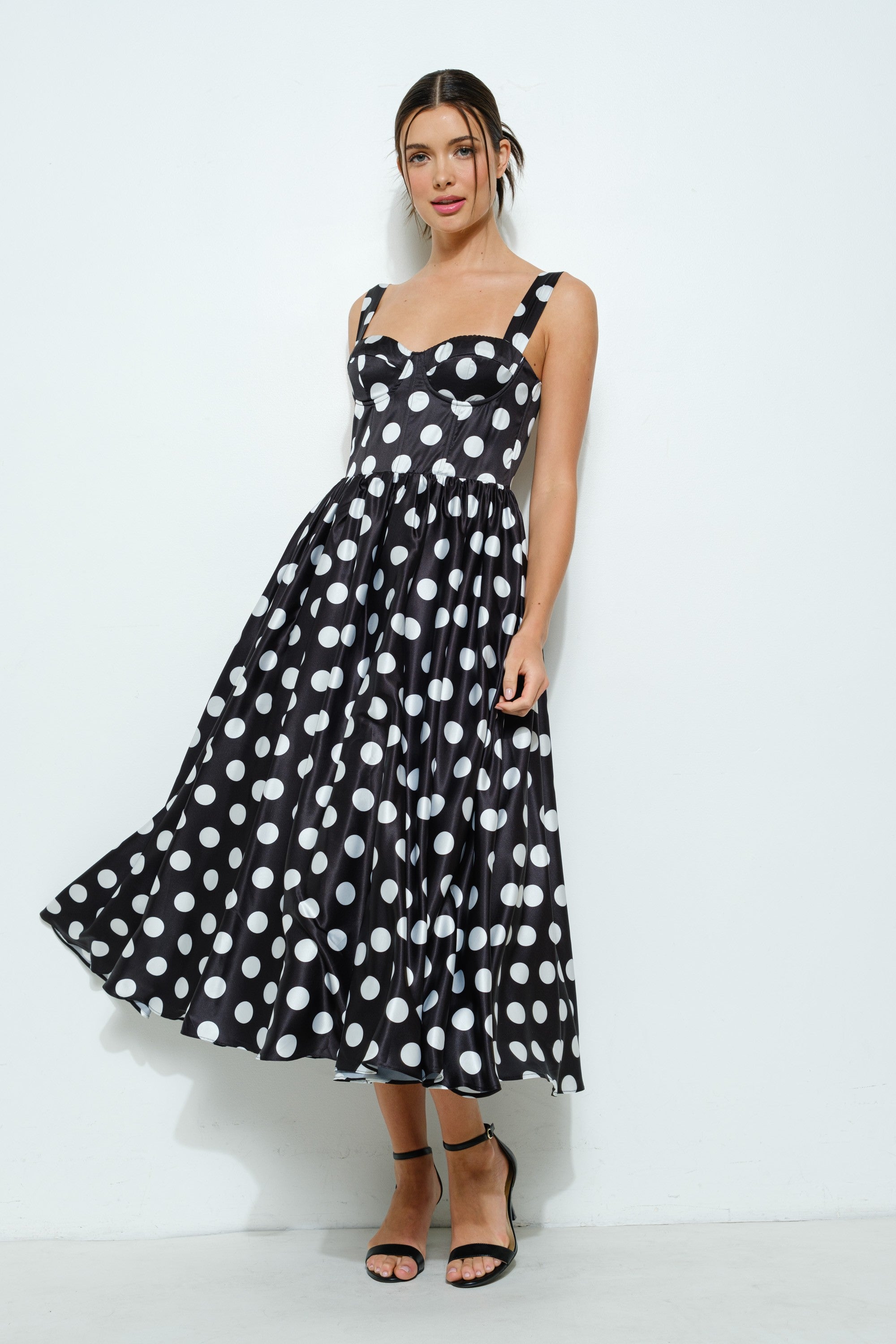 Sonya Sweetheart Polka Dot Bustier Midi Dress