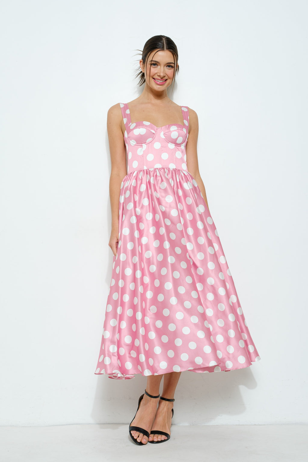 Sonya Sweetheart Polka Dot Bustier Midi Dress