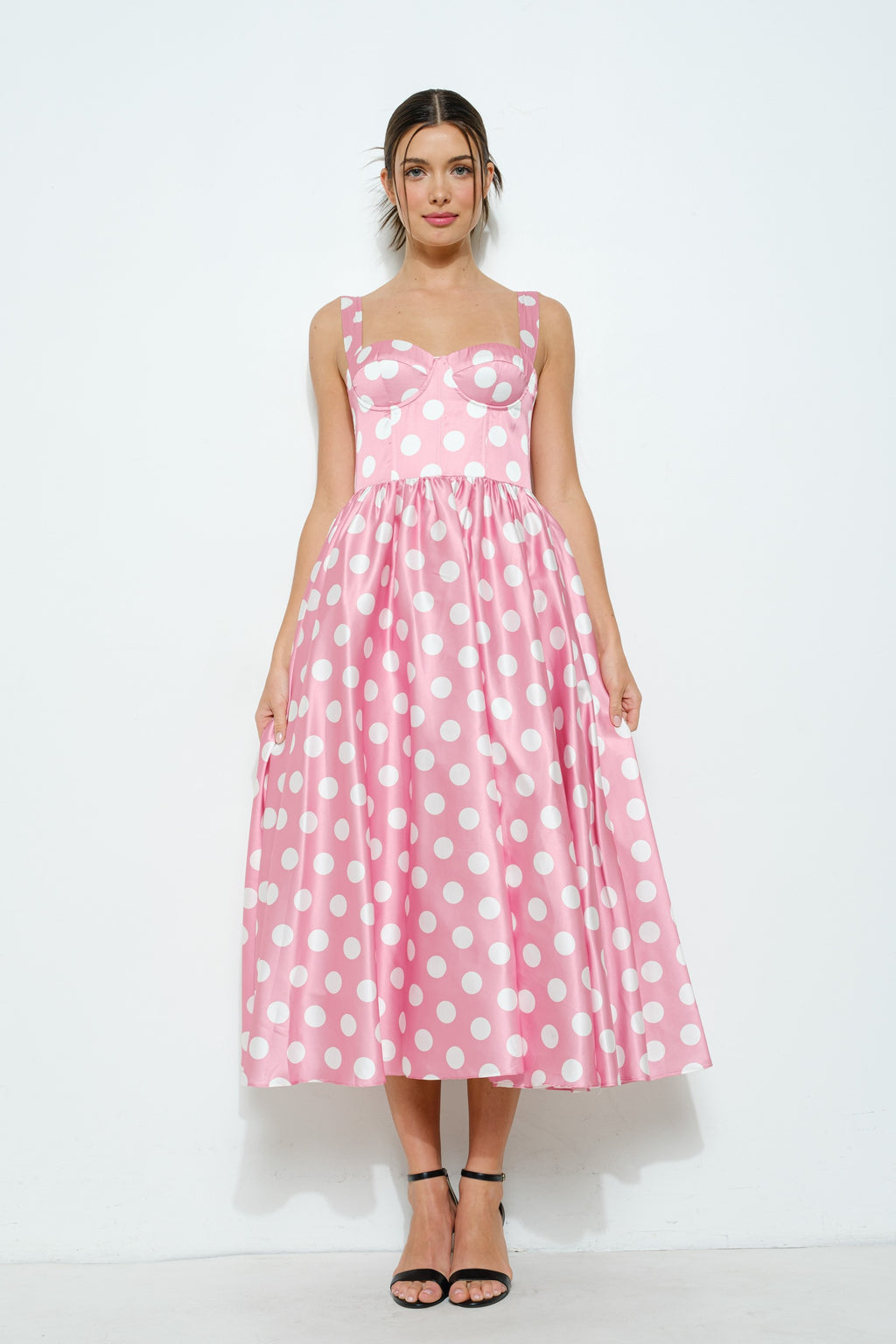 Sonya Sweetheart Polka Dot Bustier Midi Dress