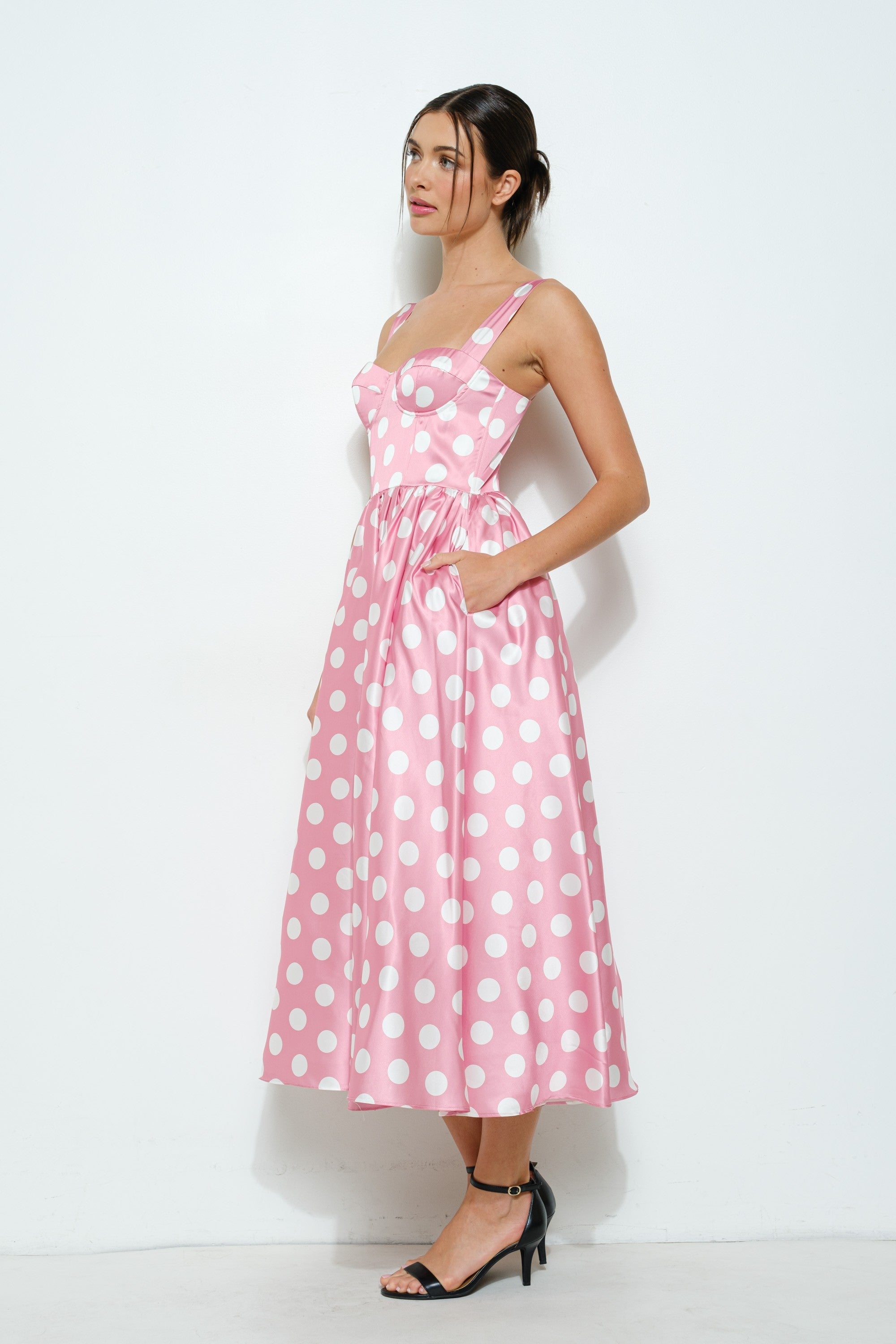 Sonya Sweetheart Polka Dot Bustier Midi Dress
