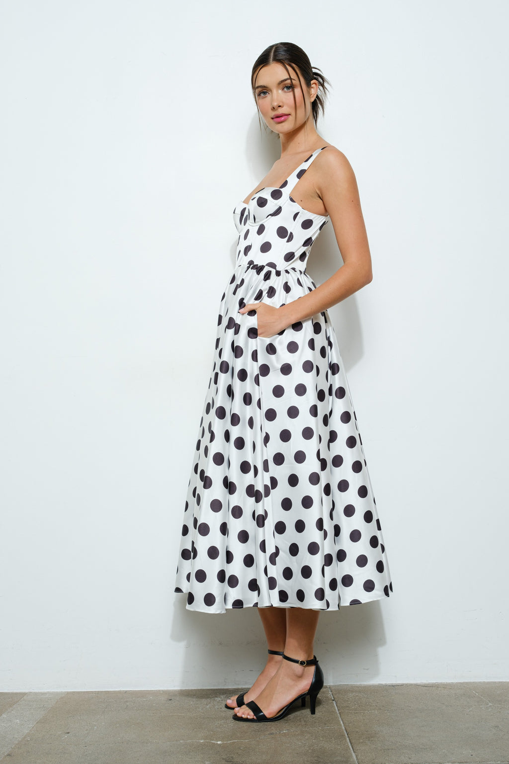 Sonya Sweetheart Polka Dot Bustier Midi Dress