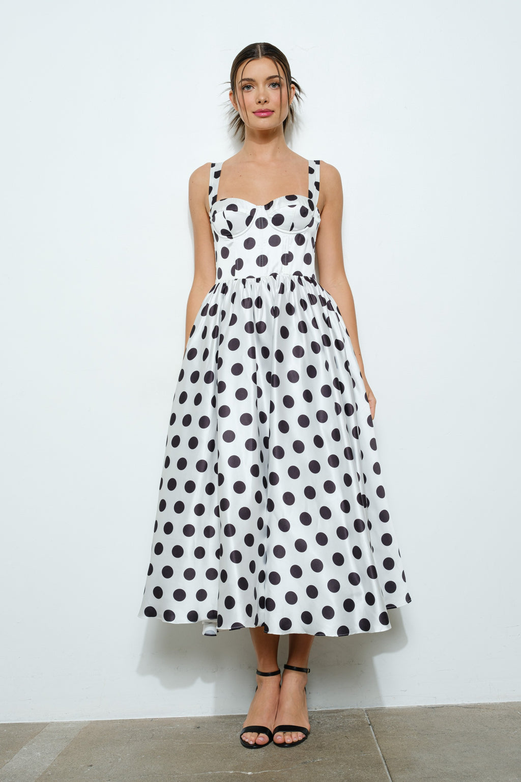 Sonya Sweetheart Polka Dot Bustier Midi Dress