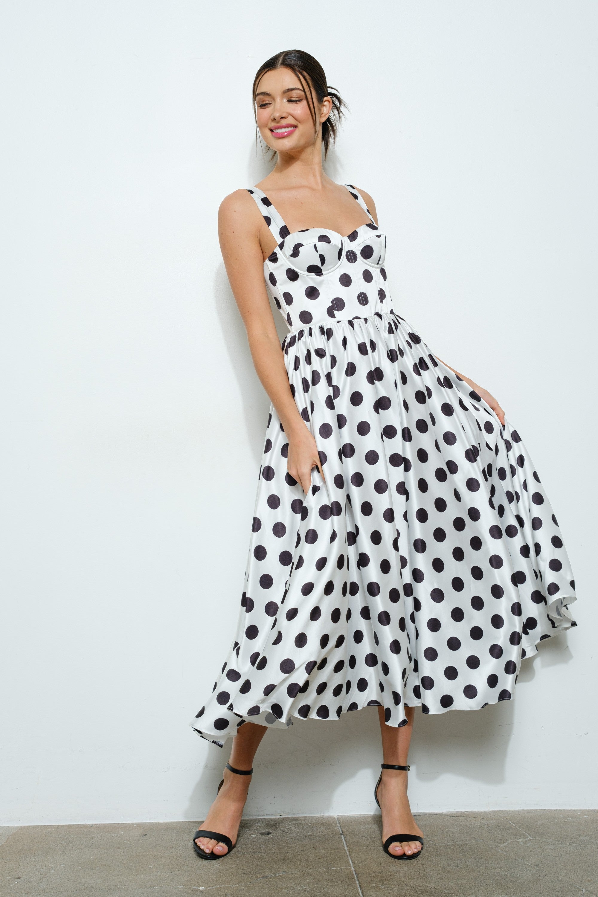Sonya Sweetheart Polka Dot Bustier Midi Dress