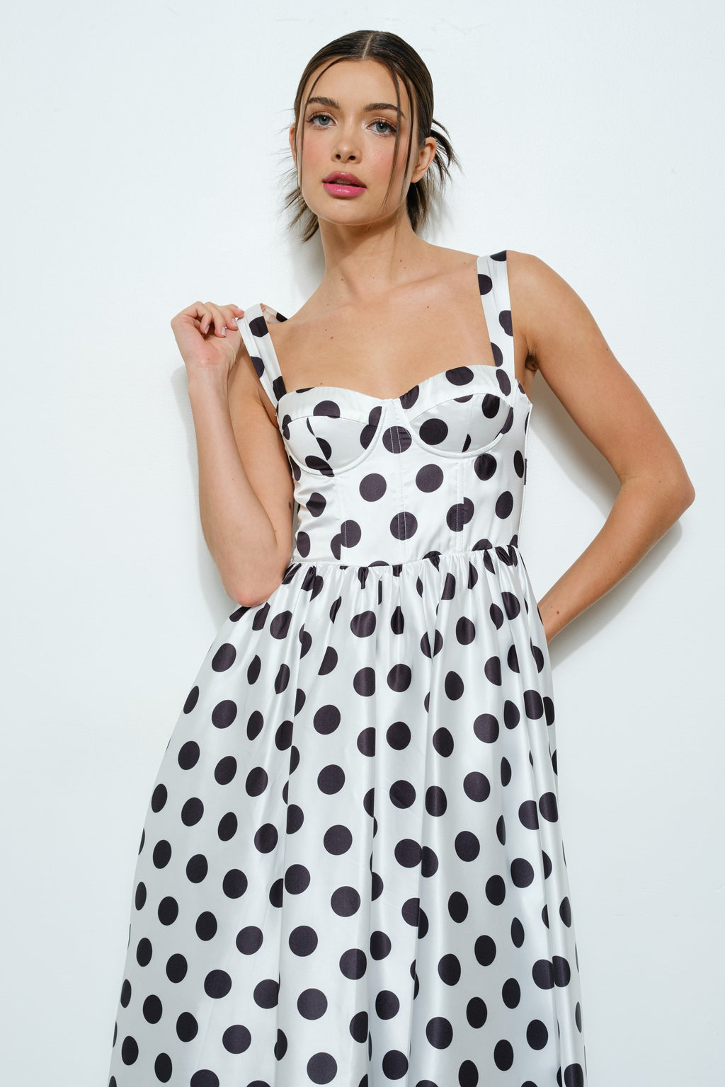 Sonya Sweetheart Polka Dot Bustier Midi Dress