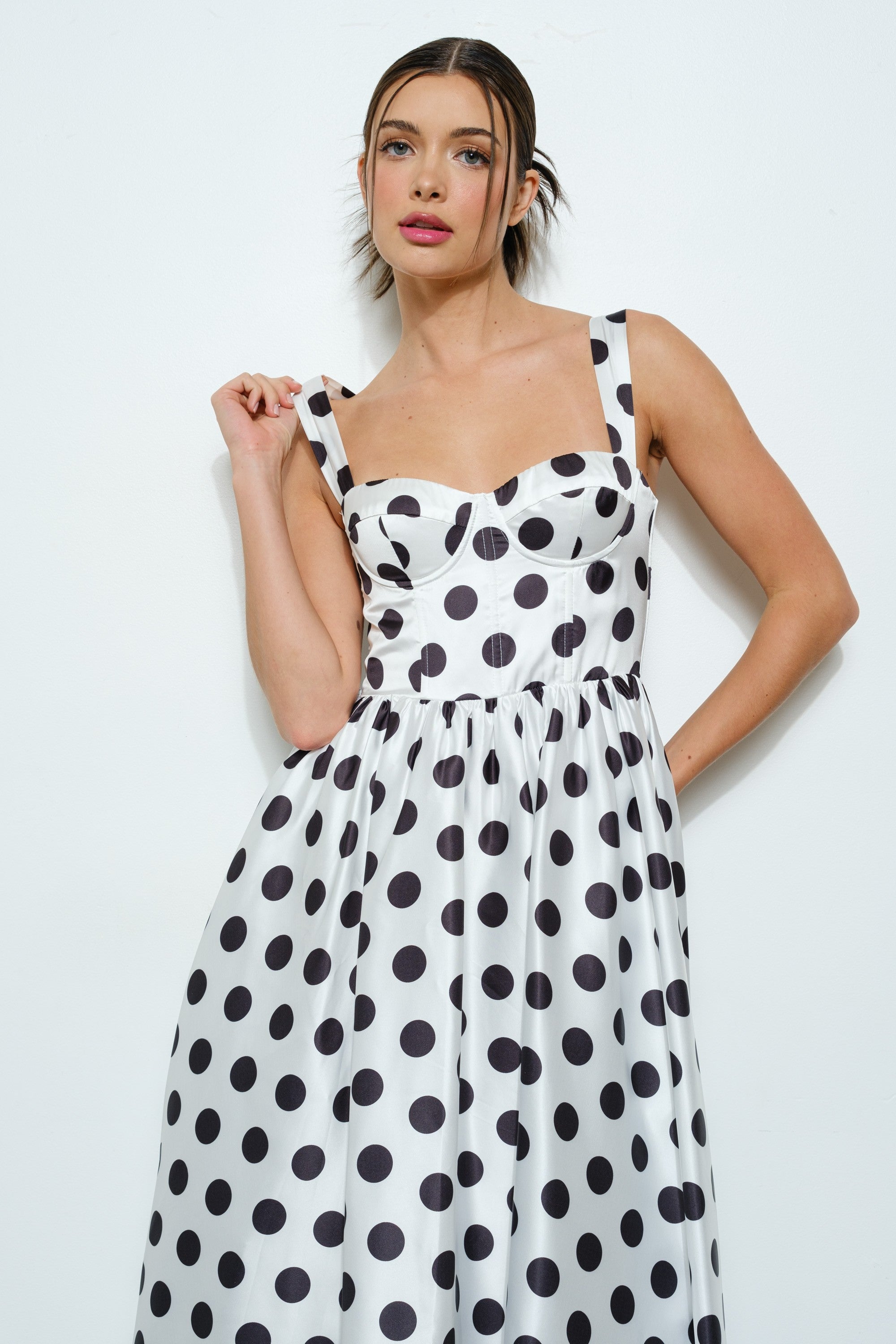 Sonya Sweetheart Polka Dot Bustier Midi Dress