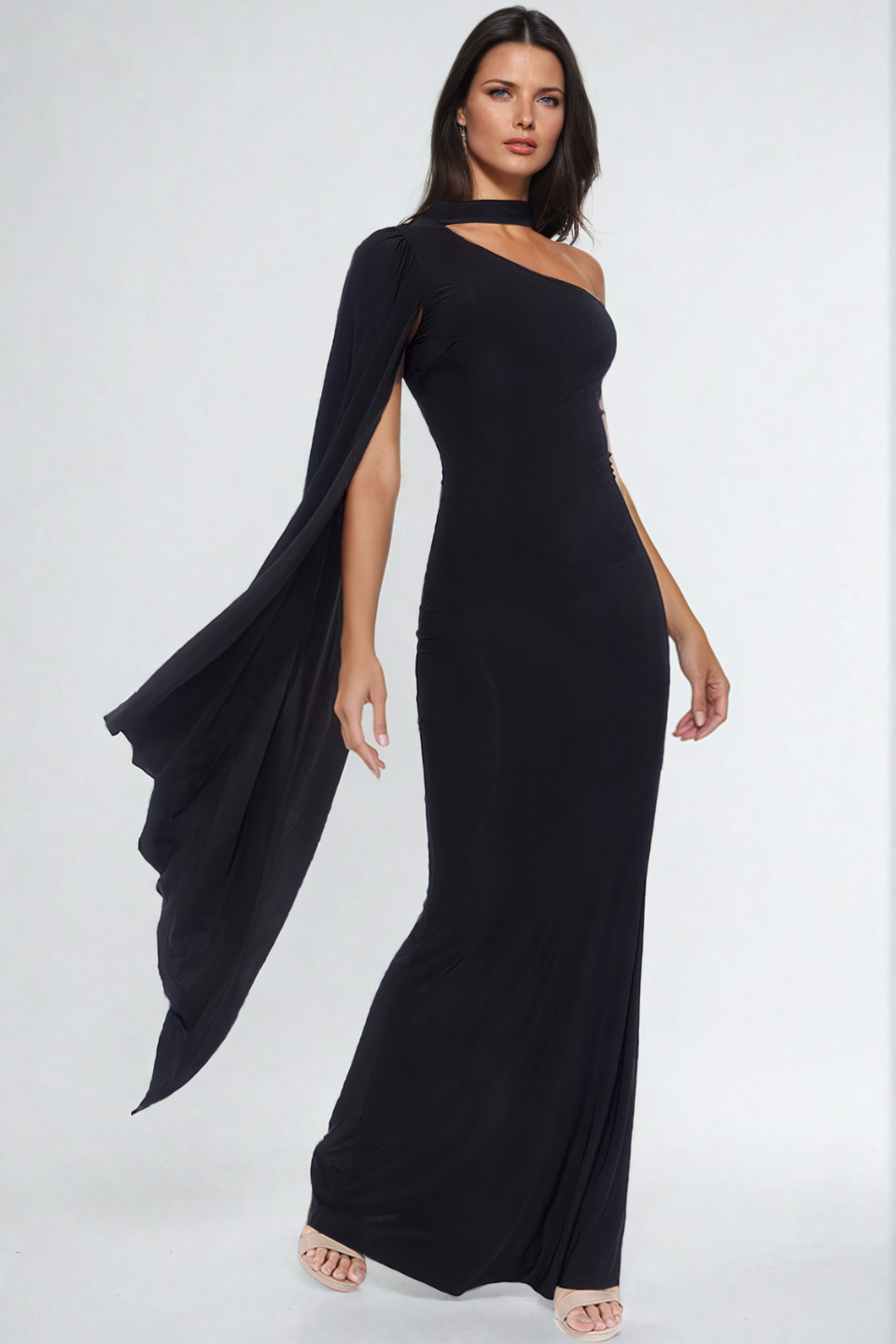 Tahlia One Shoulder Cape Sleeve Maxi Dress Black / 6 Tahlia One Shoulder Cape Sleeve Maxi Dress Black / 6