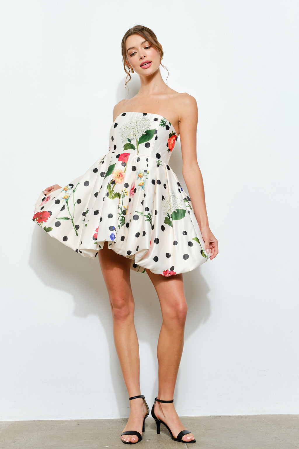 Violette Bubble Hem Floral Polka Dot Mini Dress