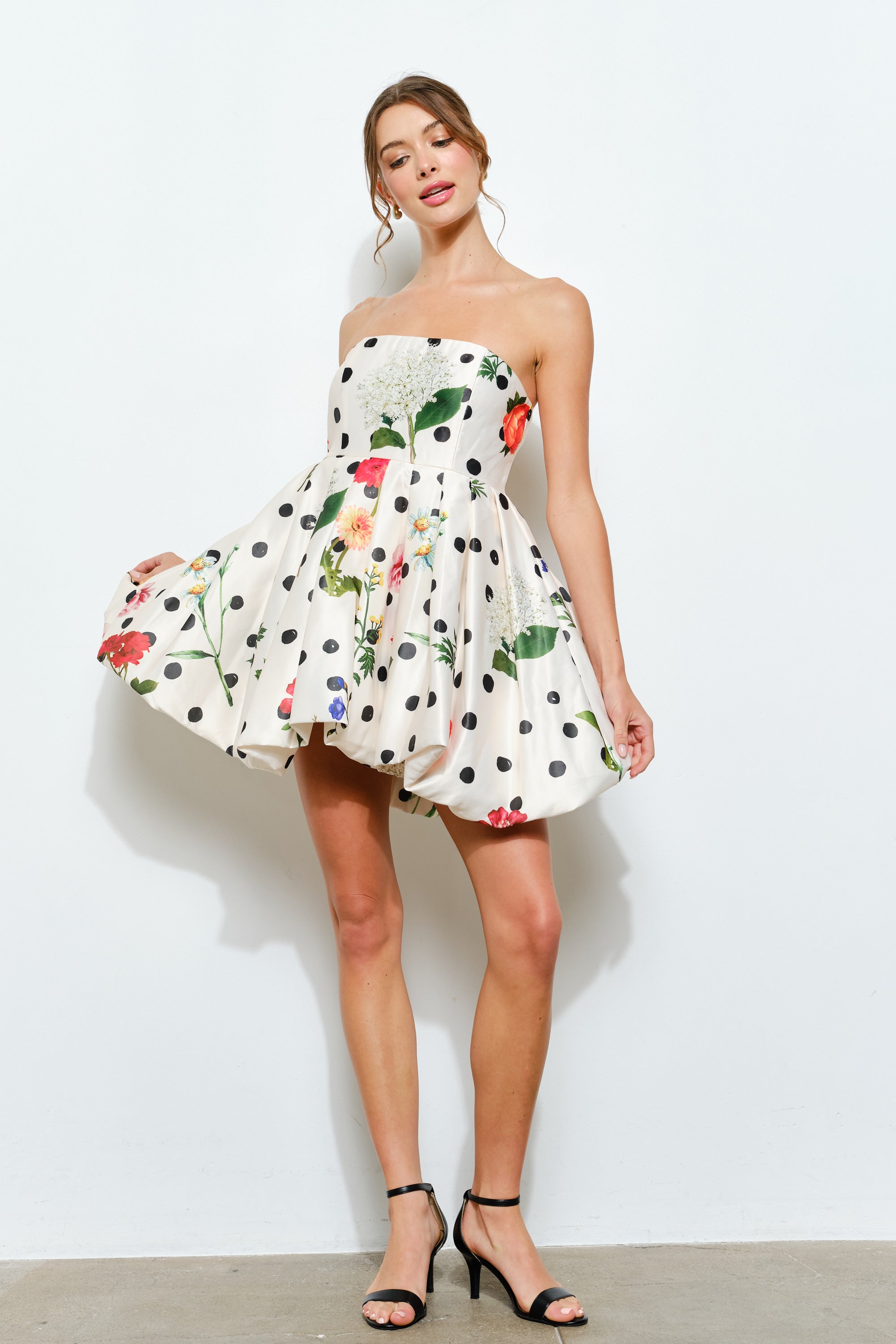 Violette Bubble Hem Floral Polka Dot Mini Dress