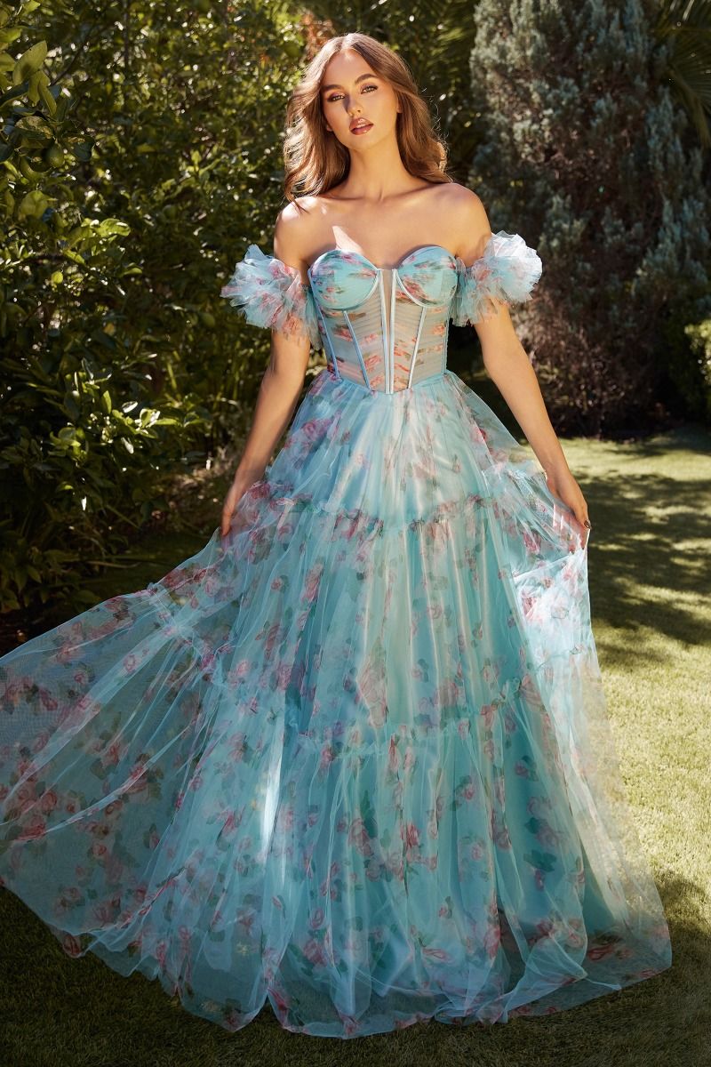Calliope Blue Floral Printed Ball Gown