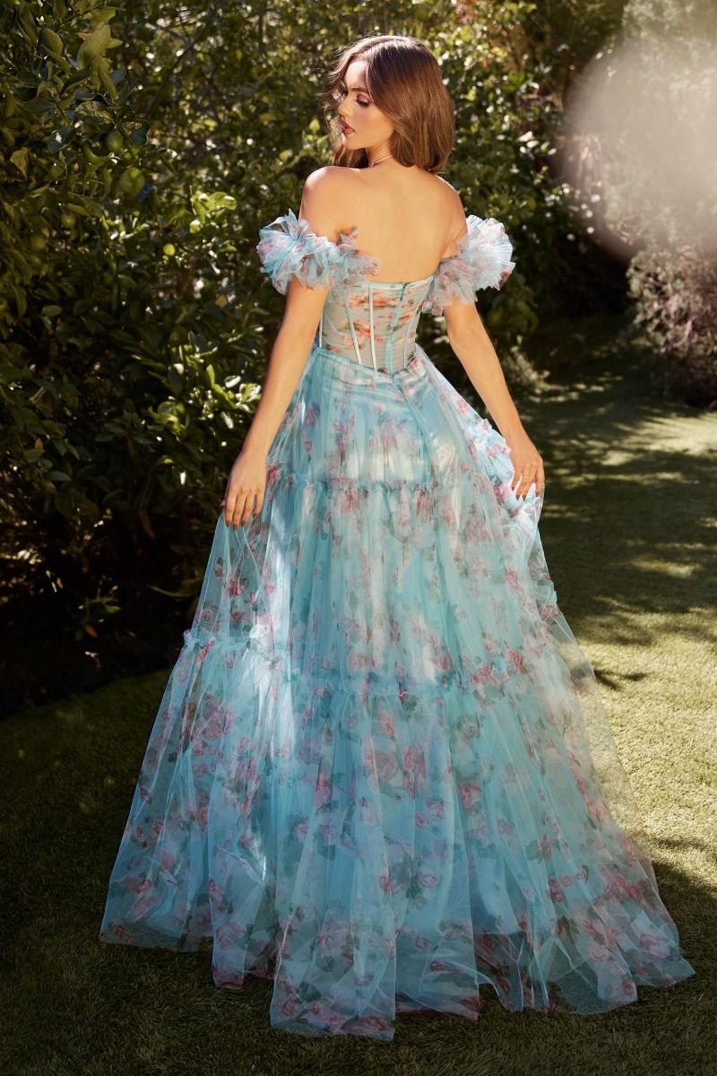 Calliope Blue Floral Printed Ball Gown