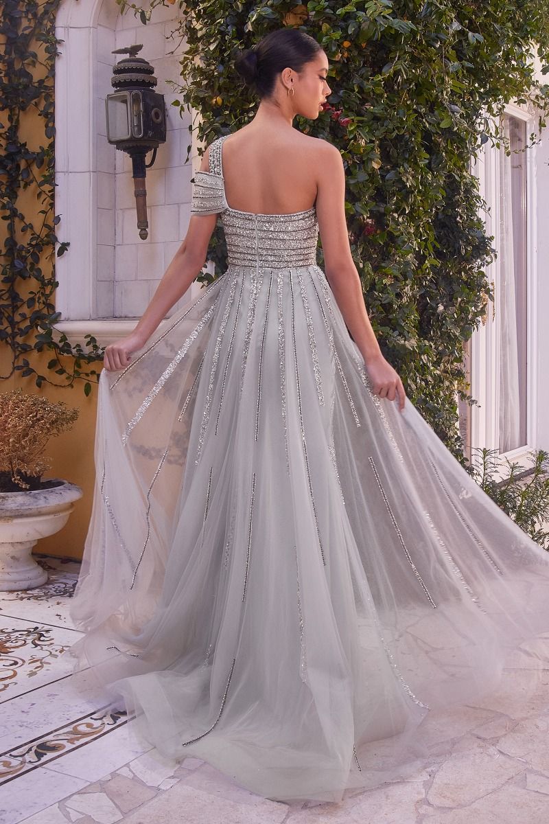 Leena Silver One-Shoulder Beaded Embellished Gown