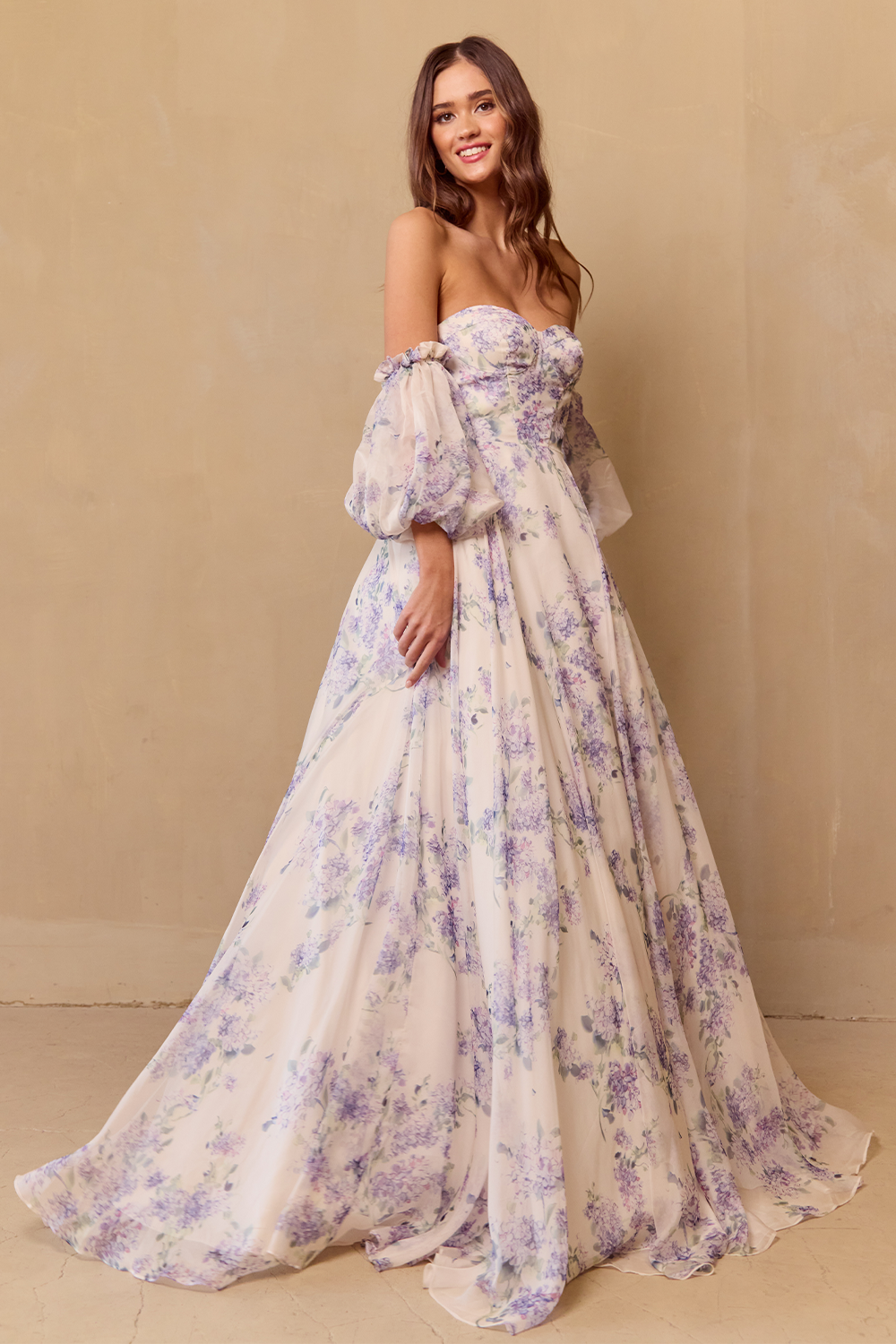 Annabel Floral Print Puff Sleeve A-line Gown