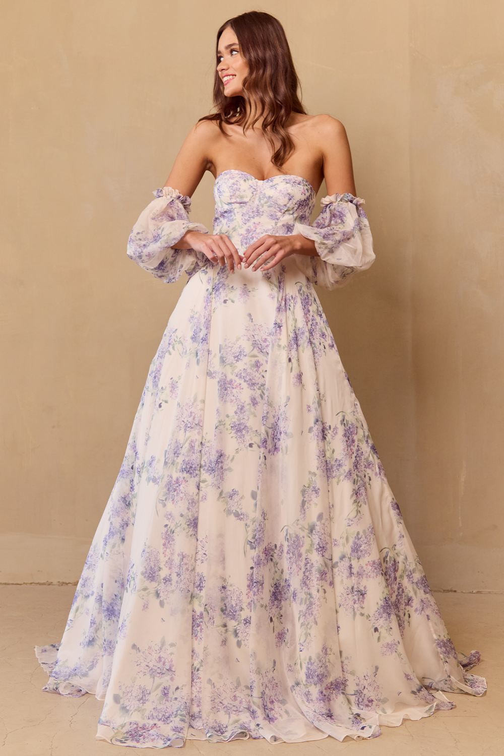 Annabel Floral Print Puff Sleeve A-line Gown
