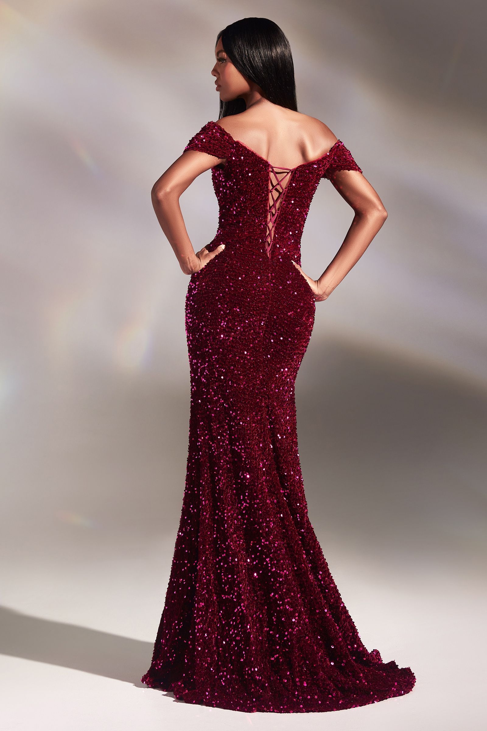 Zariah Velvet Sequin Off The Shoulder Gown