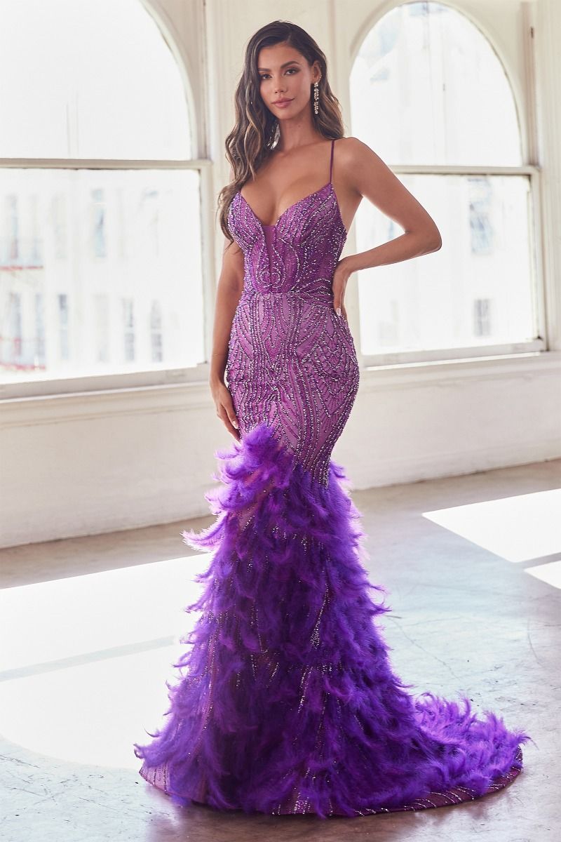 Elena Embellished and Feathered Mermaid Gown