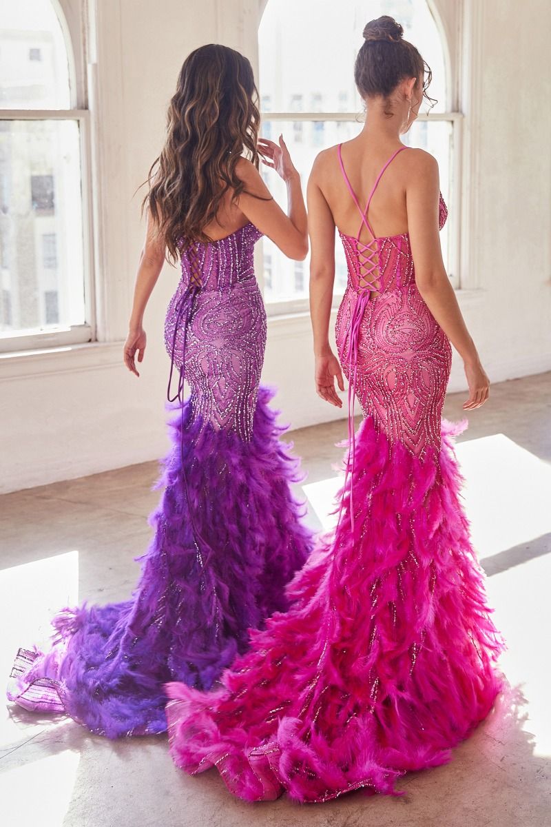 Elena Embellished and Feathered Mermaid Gown