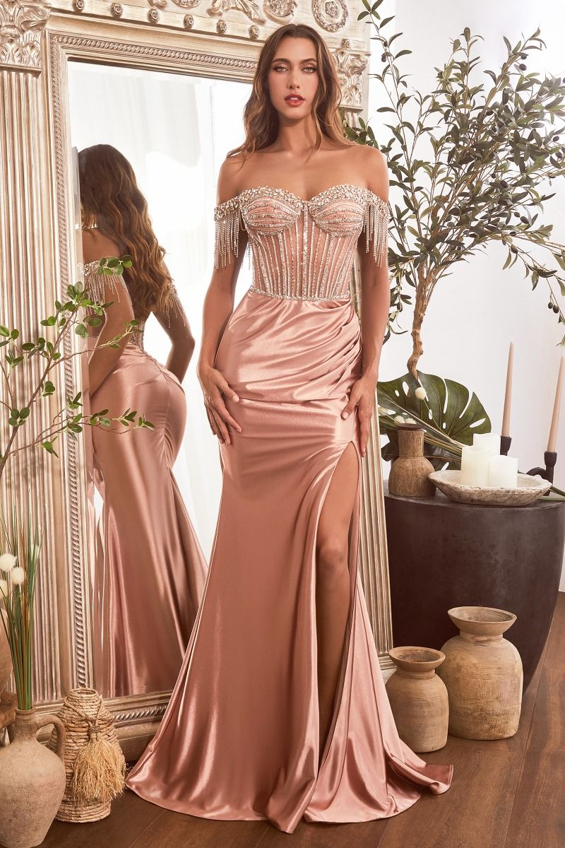 Nari Embellished Off The Shoulder Satin Dress
