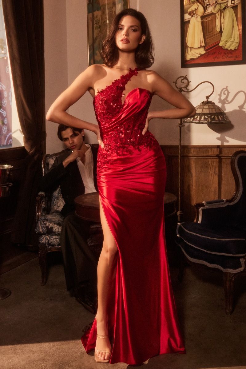 Mona One Shoulder Lace Applique Satin Dress