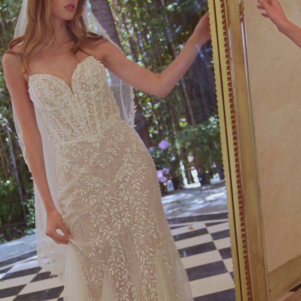 
                      
                        Load and play video in Gallery viewer, Carrie Strapless Beaded Leaf Motif Mermaid Wedding Gown
                      
                    